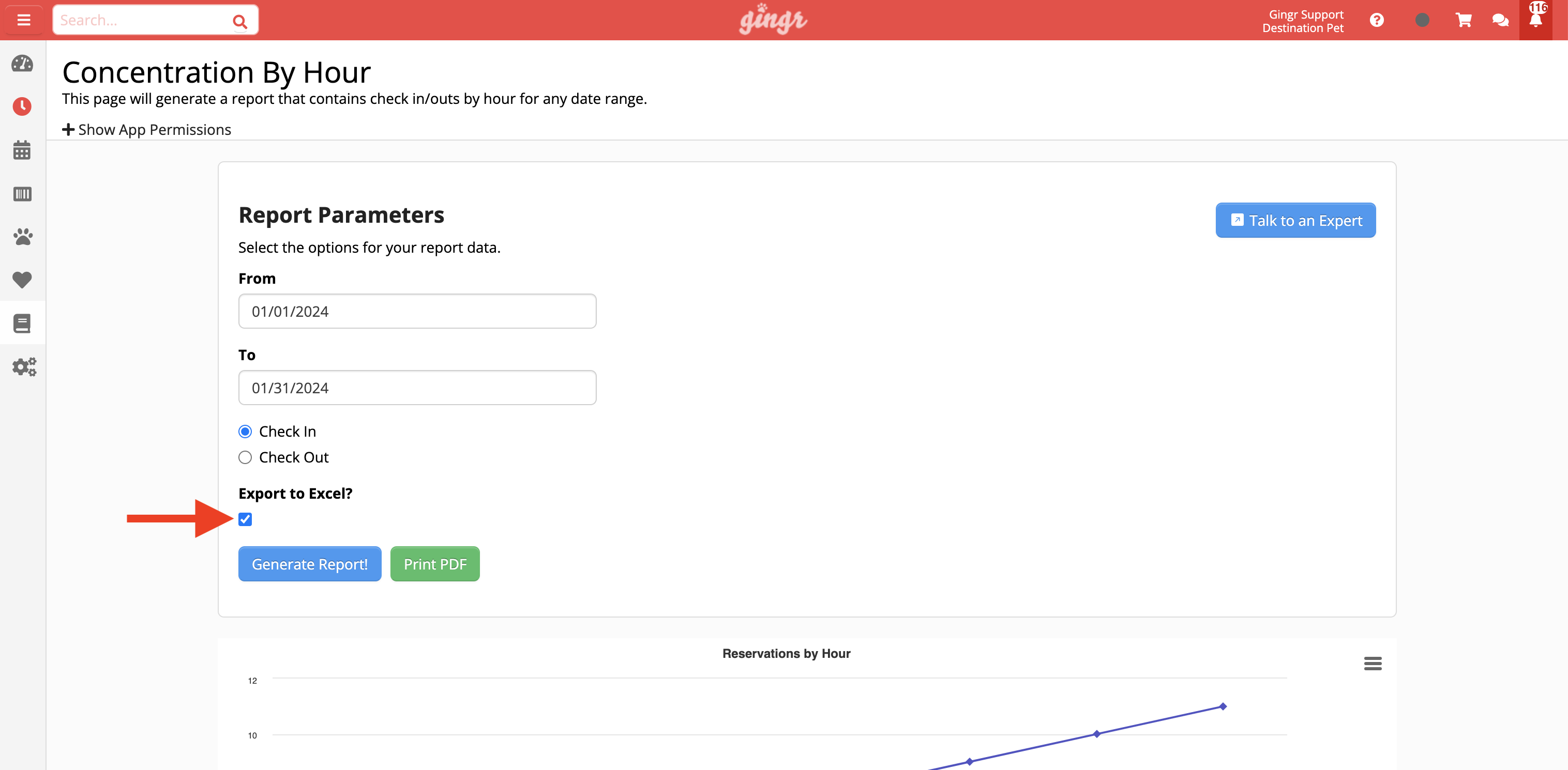 Report parameters with date range and options.