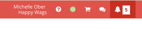 Red toolbar with icons and notification bell.