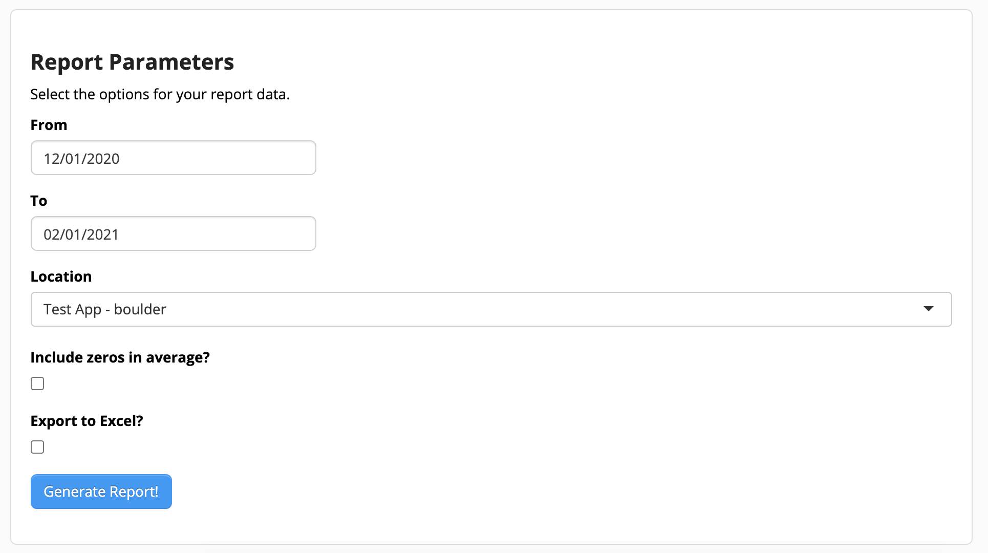 Report parameters form with date fields.