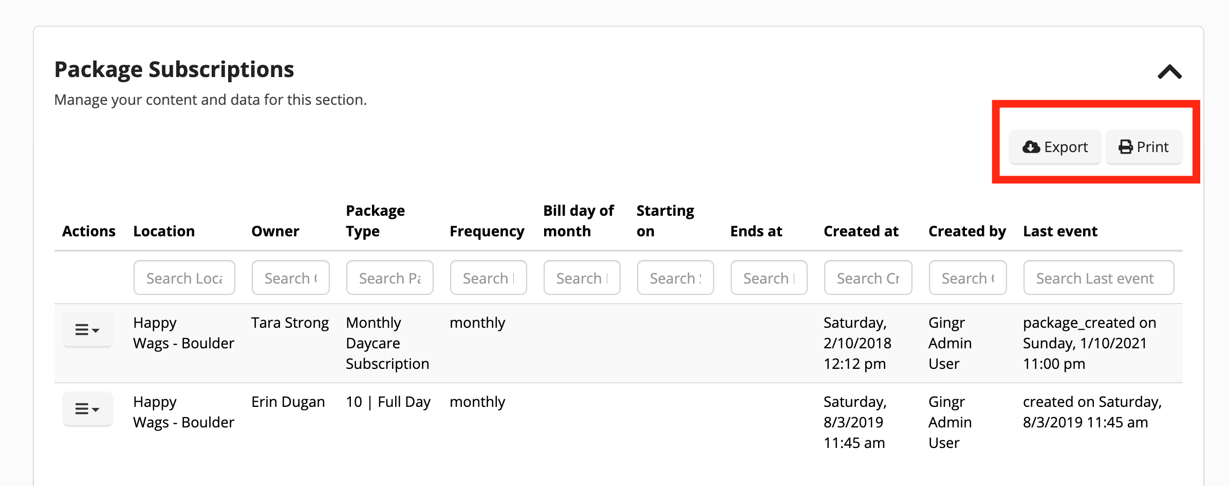 Package subscriptions table with export and print buttons.