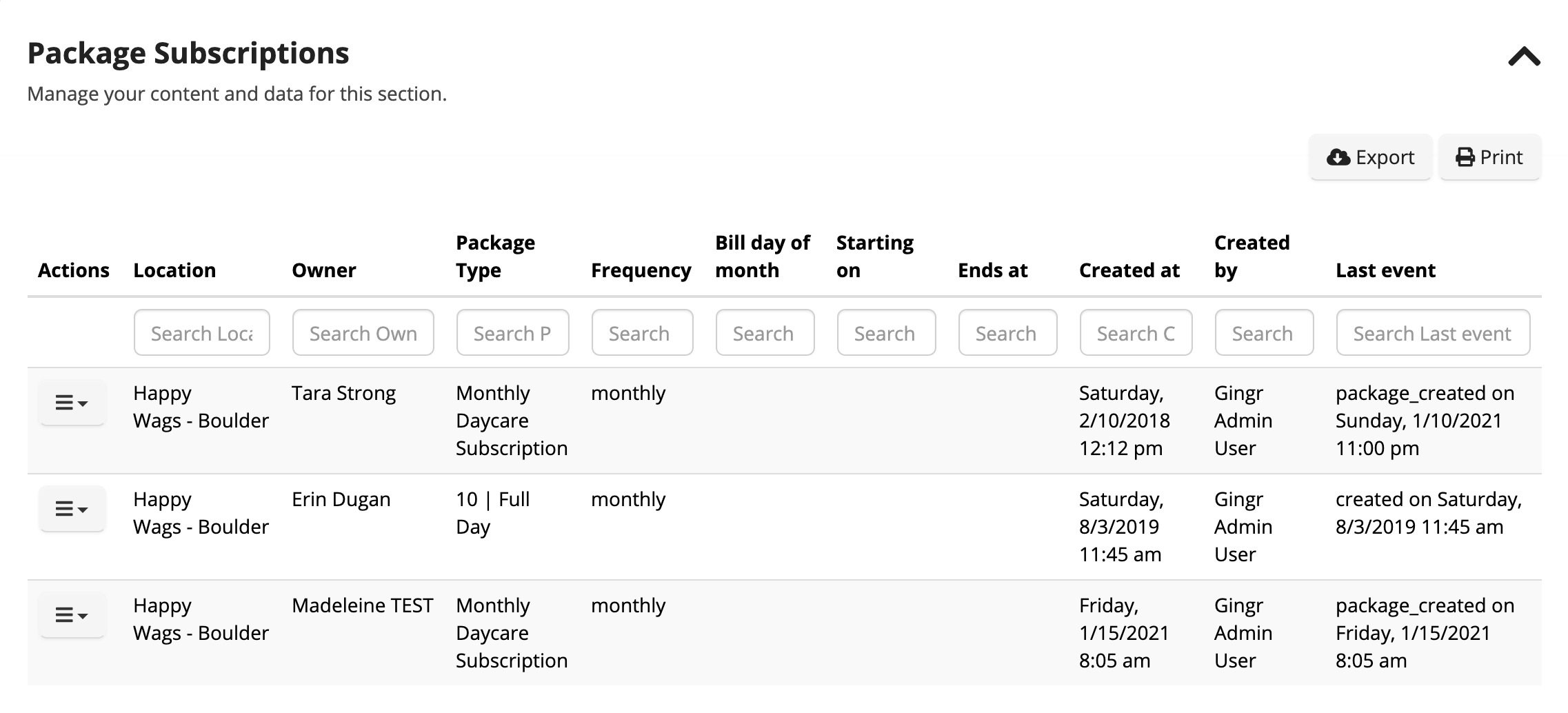 Package subscriptions table overview.