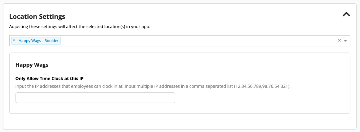 Location settings with IP input field.