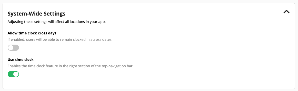 System-wide settings with toggle switches