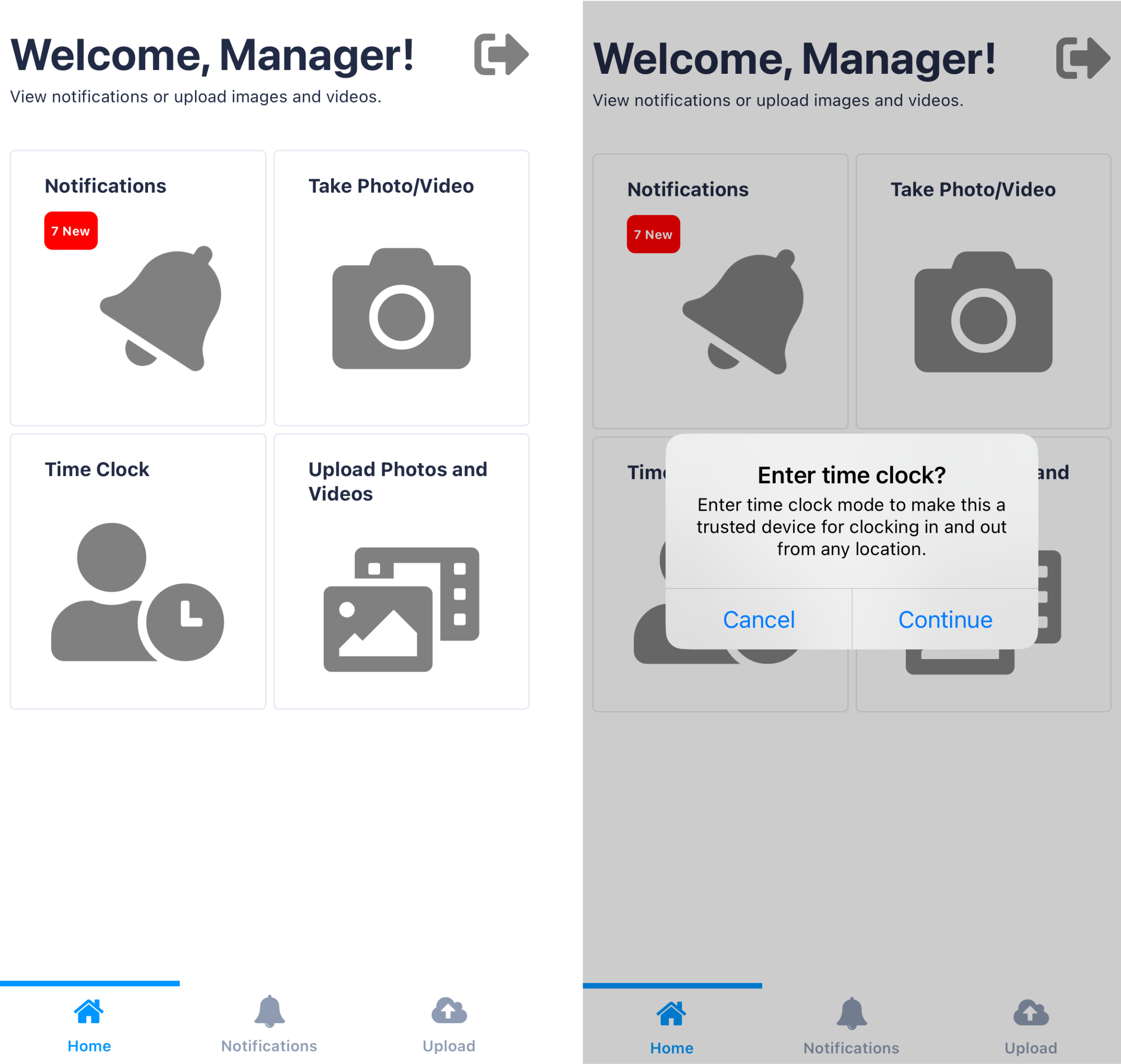 App interface with notifications and time clock.