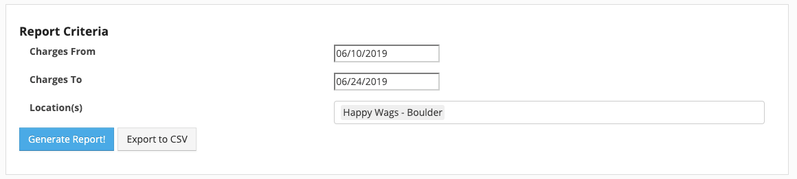 Report criteria form with date fields.