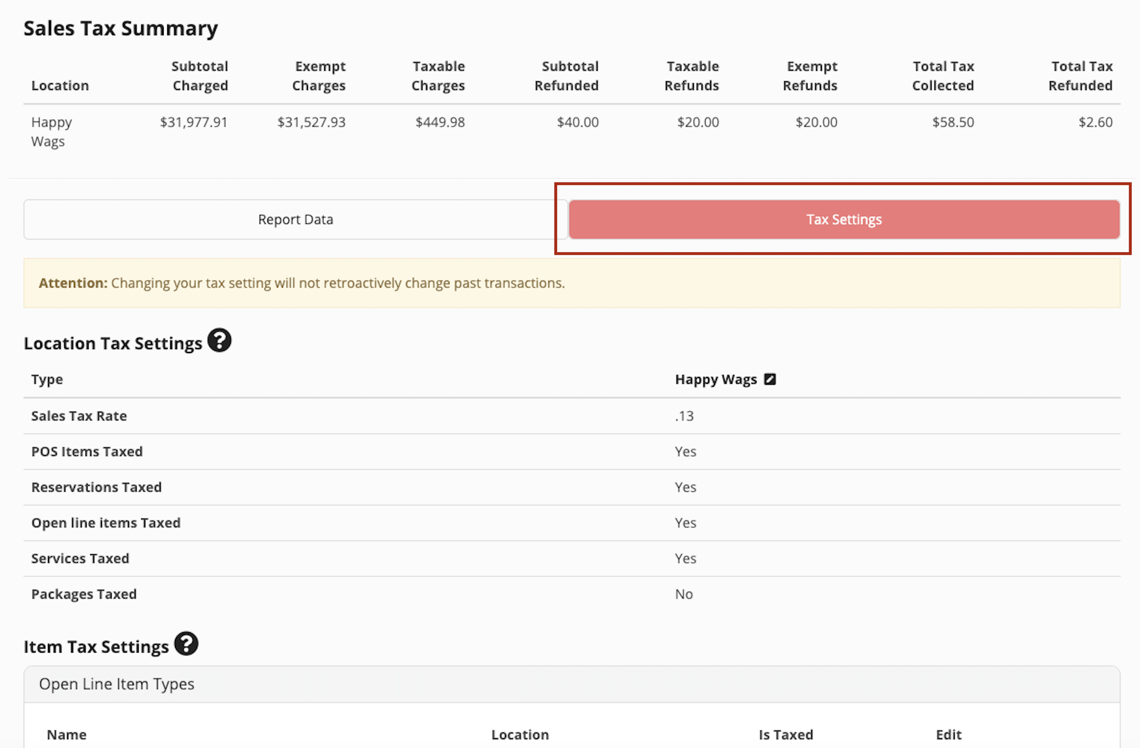 Sales tax summary and settings table.