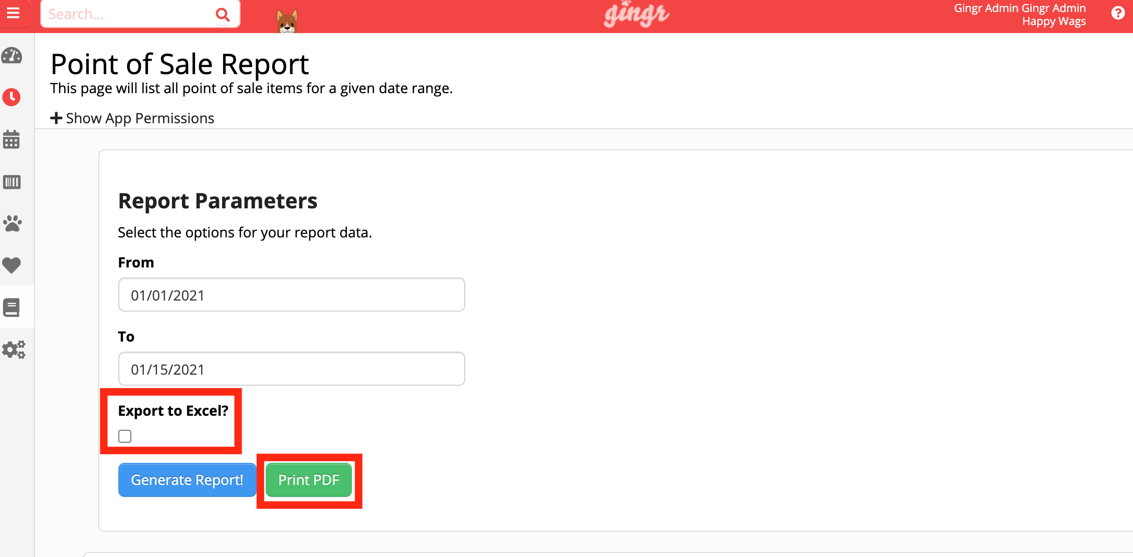 Point of Sale Report interface