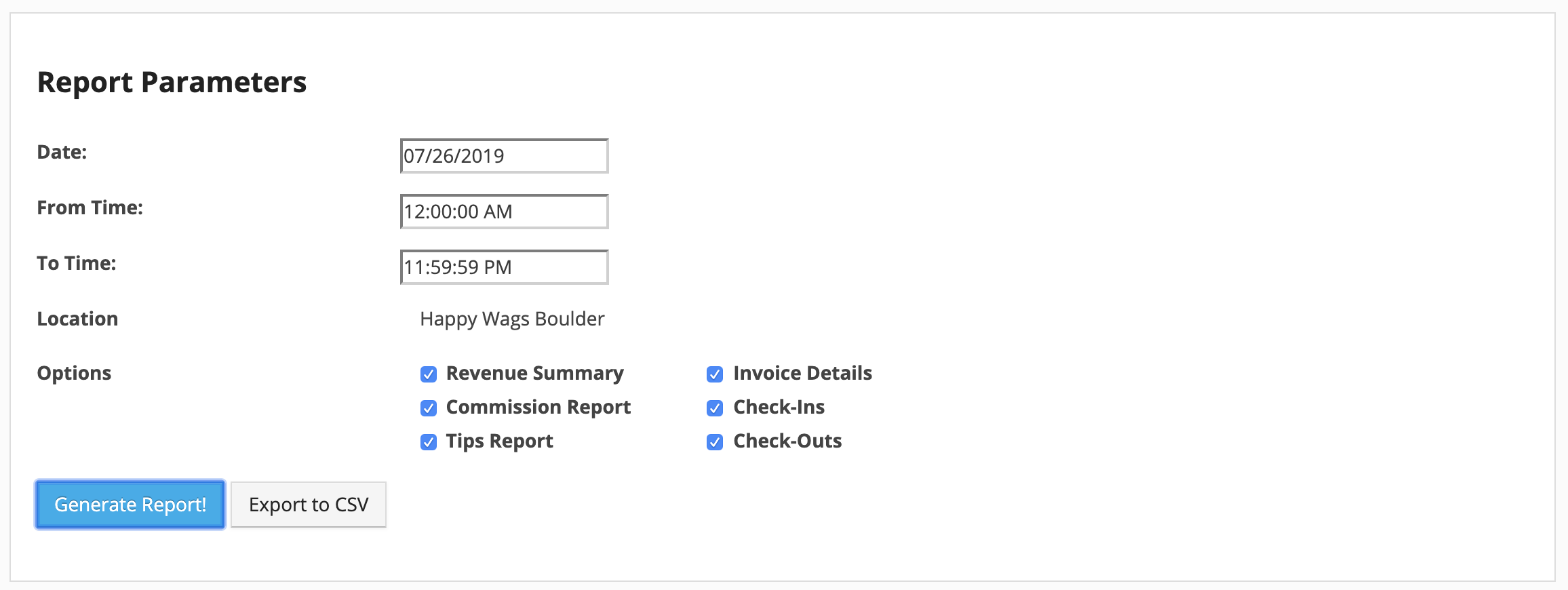 Report parameters form with options.