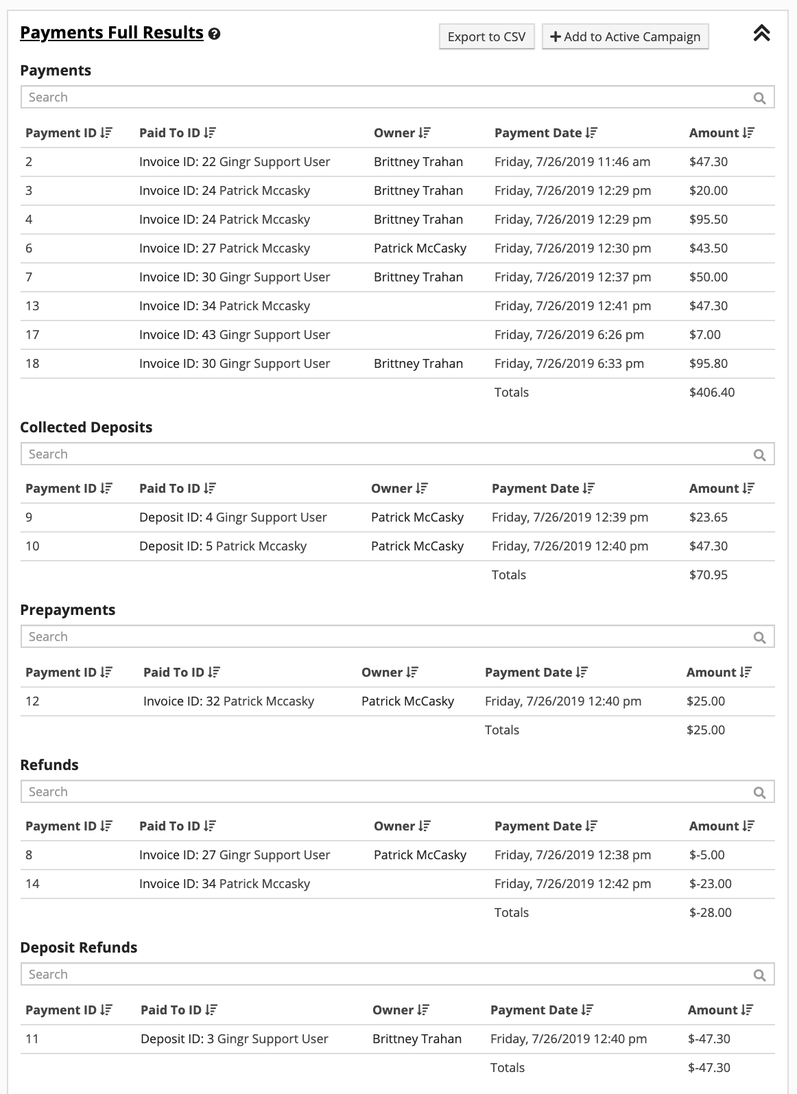 Payment transactions table with details.