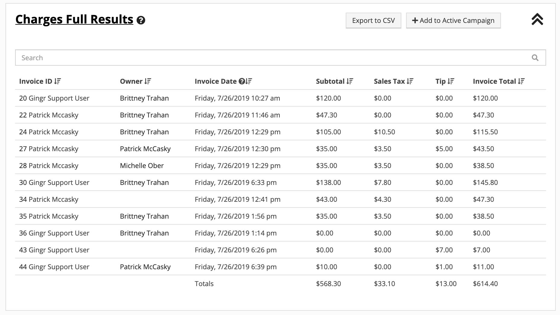 Invoice table with charges and totals.