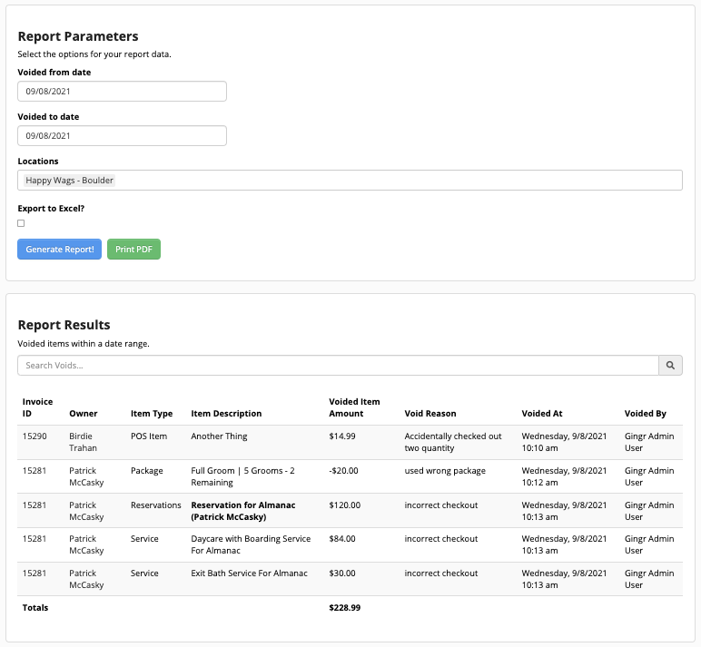 Report of voided items with details and totals.