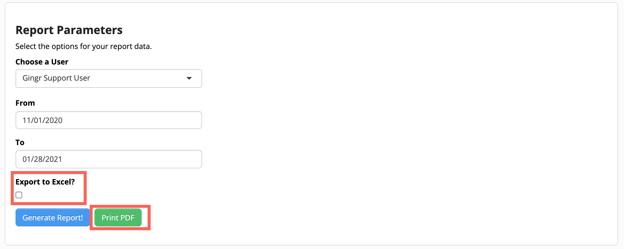 Report parameters form with date fields.