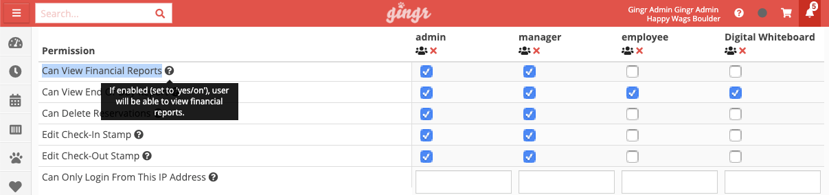 Permission settings table with checkboxes