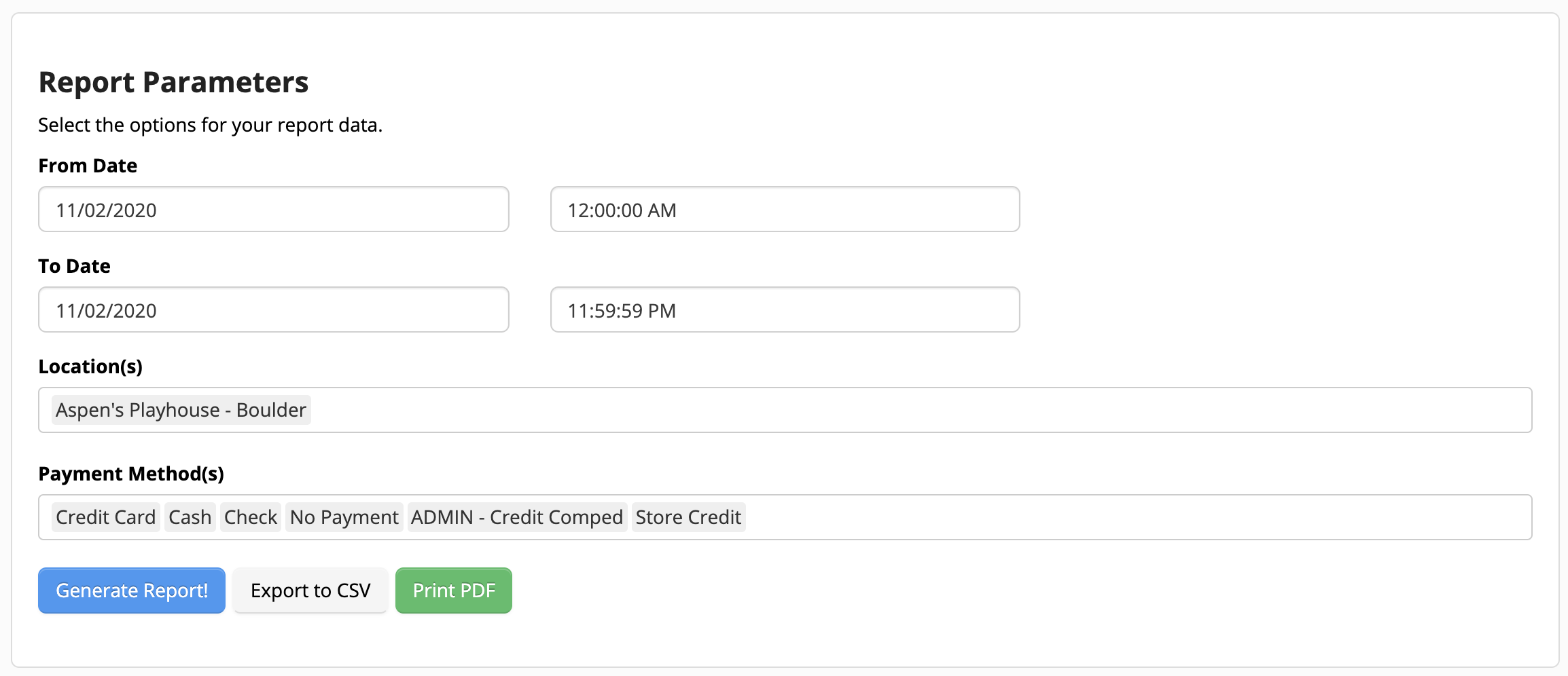 Report parameters selection form