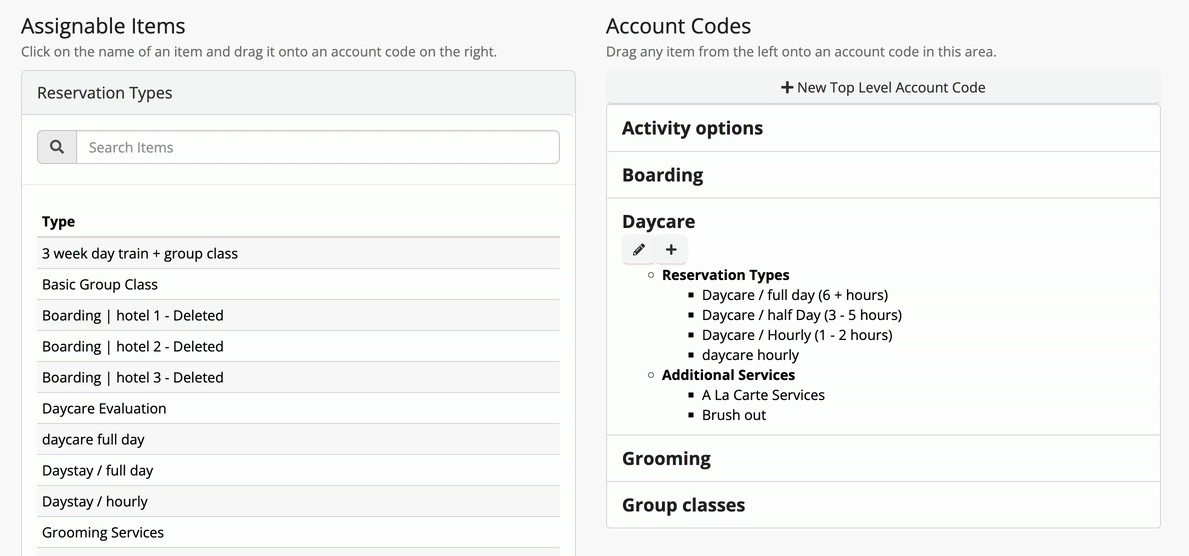Reservation and account code interface