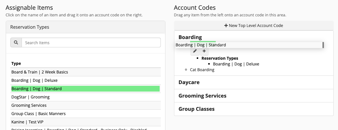 Boarding options for dogs interface.