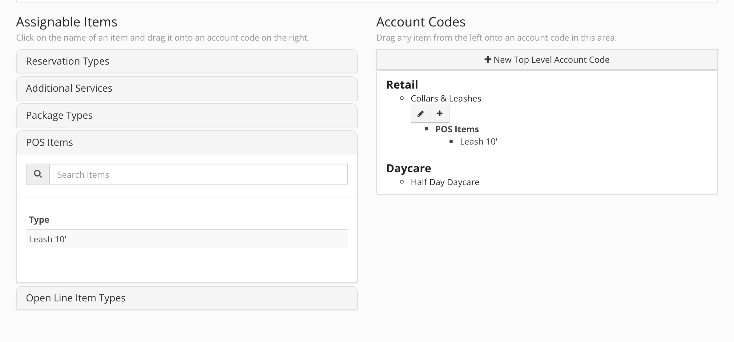 Interface for assigning items to account codes.