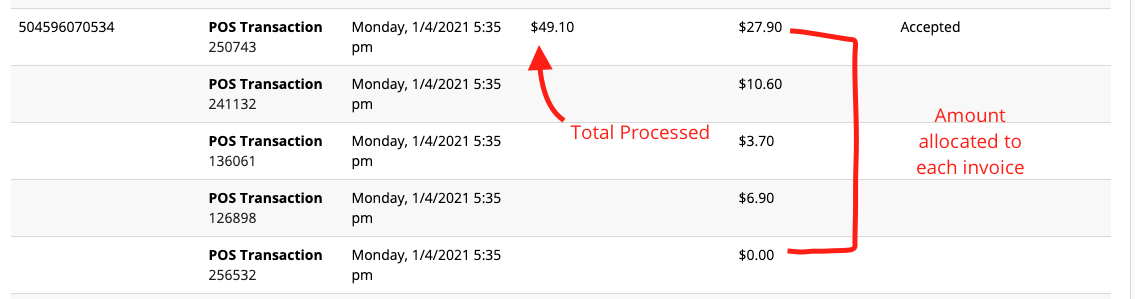 Transaction table with amounts and status.