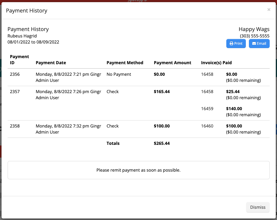 Payment history table with amounts and dates.