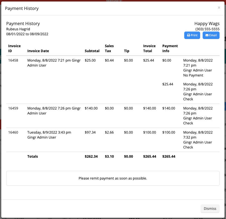 Payment history table with invoice details.