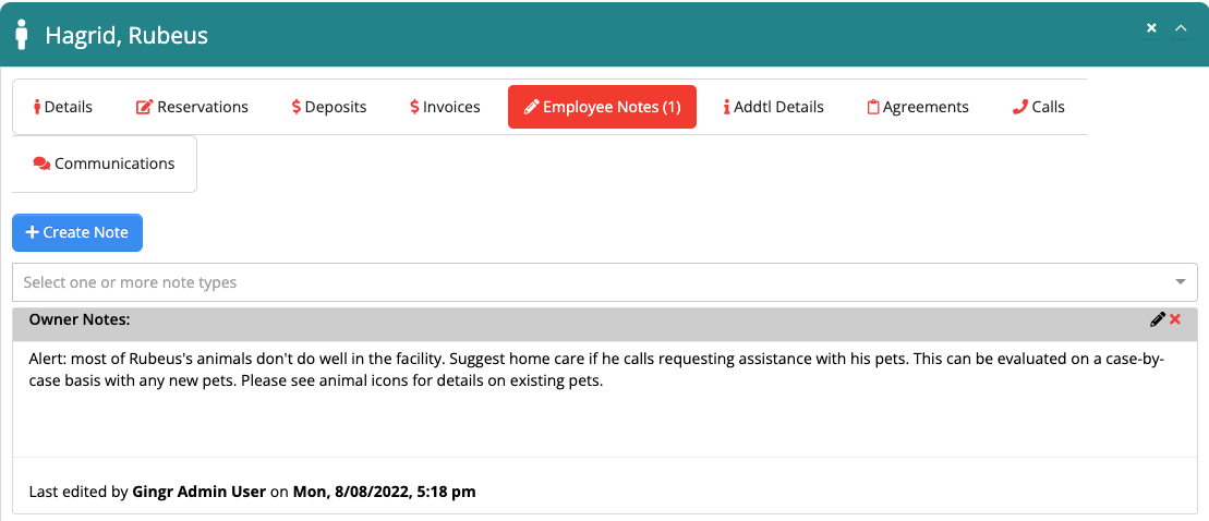 Employee notes about pet care for Rubeus.