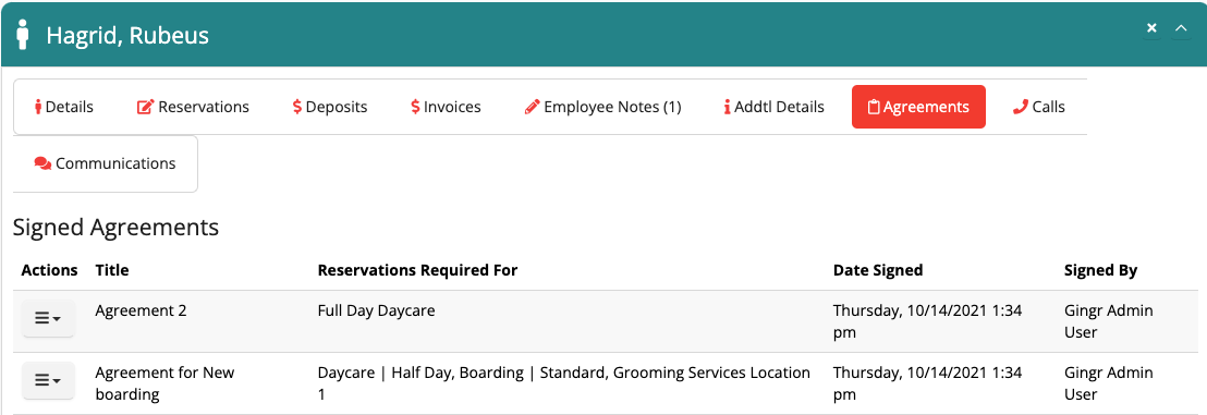 Signed agreements list on a dashboard.