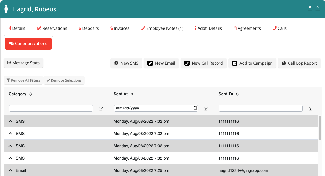 Communications dashboard with message list.