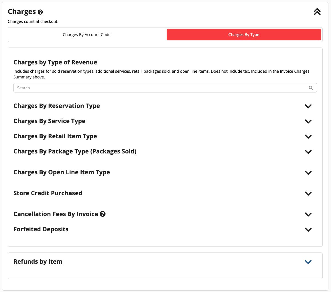 Charges by Type of Revenue menu