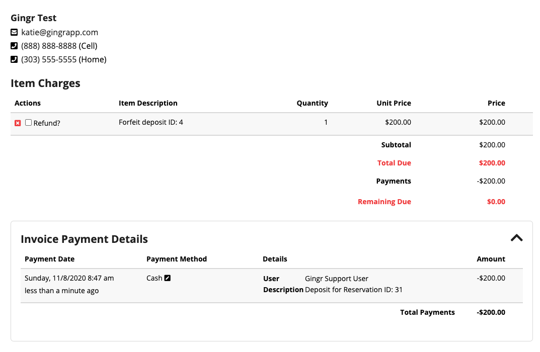 Invoice with payment and refund details