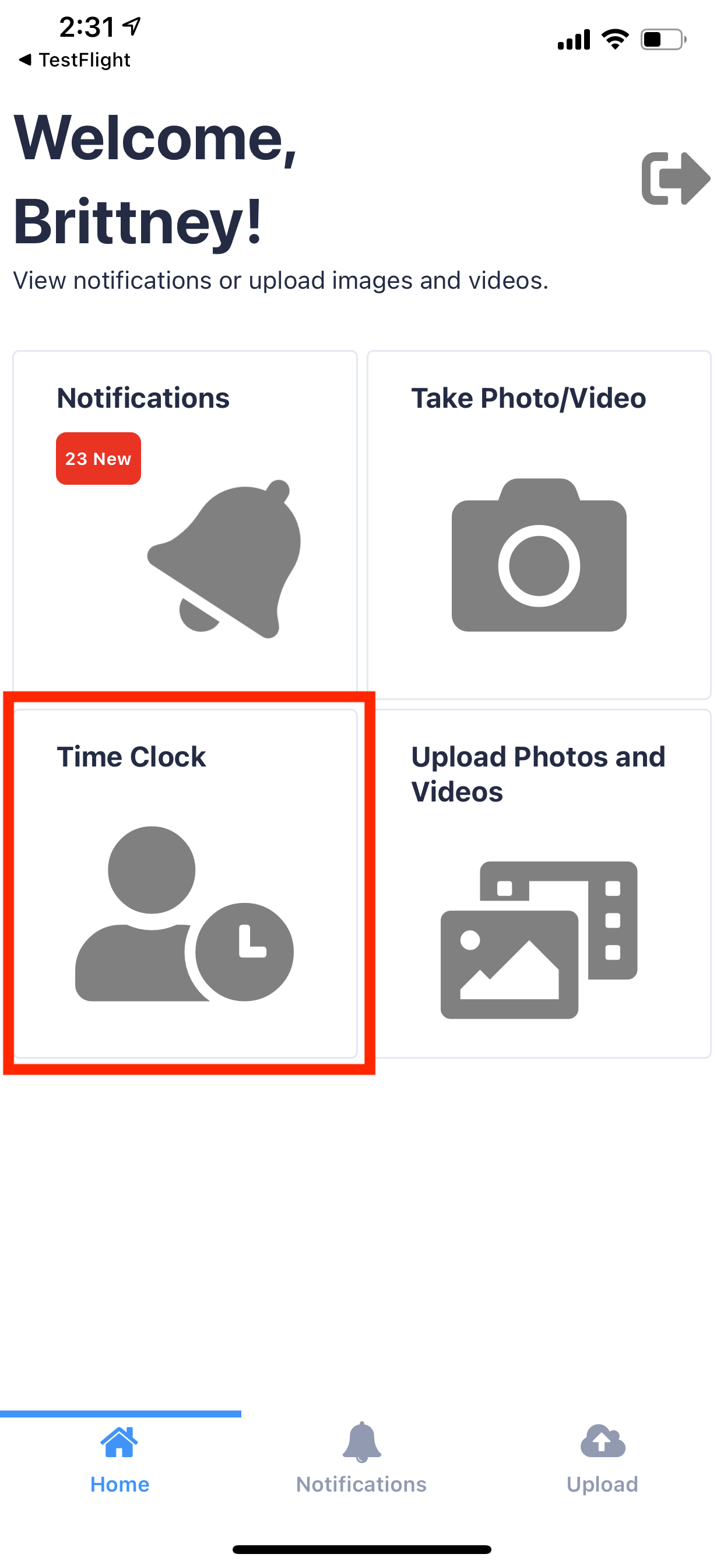 App dashboard with notifications and time clock.