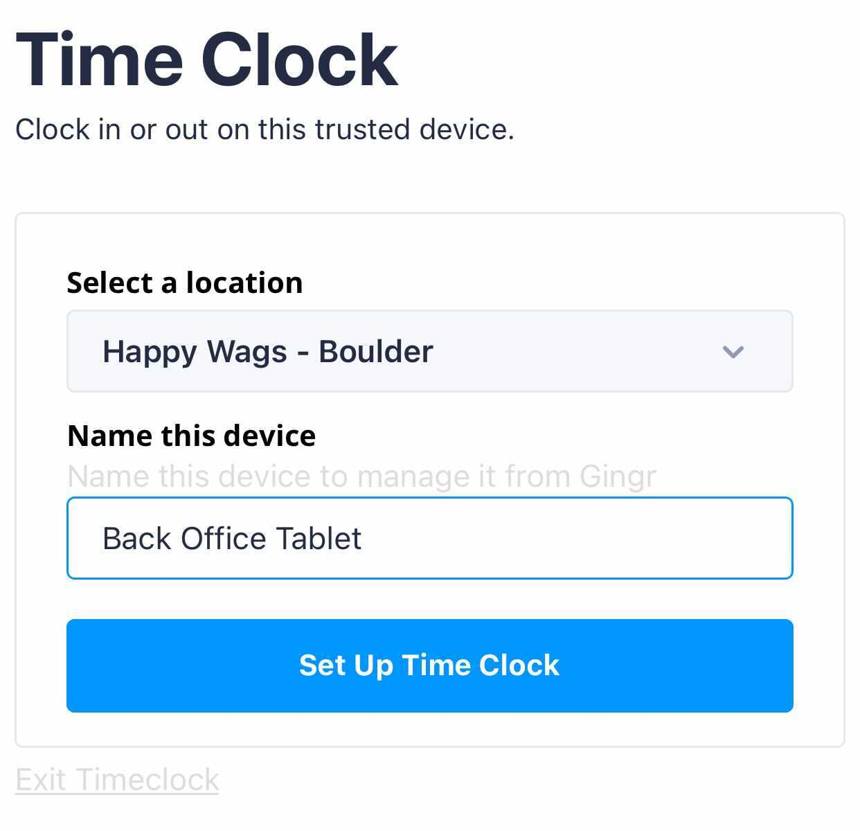 Time clock setup screen on a device.