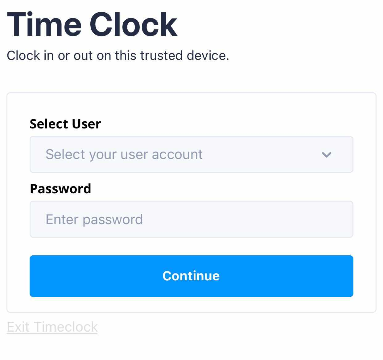 Time clock login screen