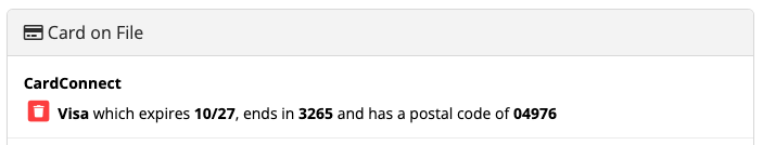 Visa card details with expiration and postal code.