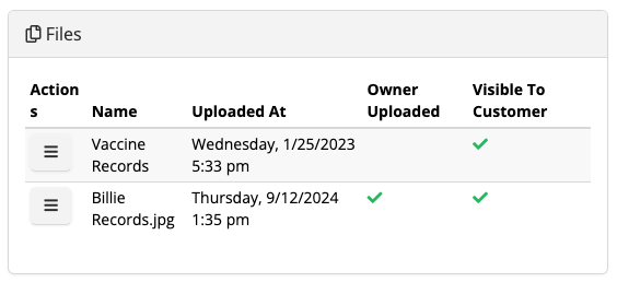 File list with upload details and visibility.