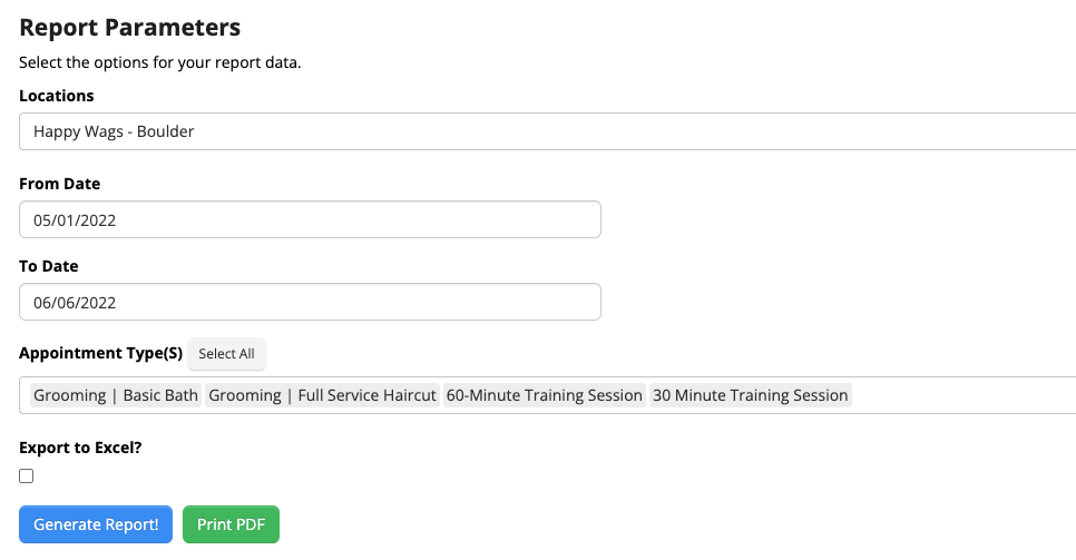 Report parameters selection form