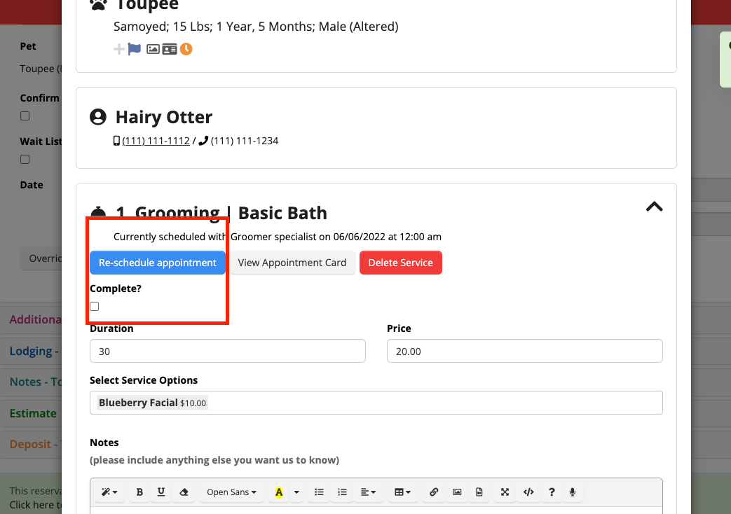 Pet grooming appointment details