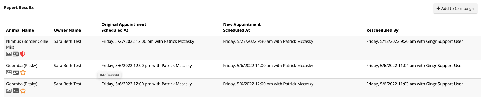 Appointment schedule for animals.