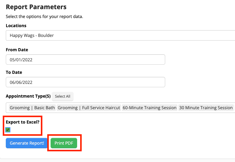 Report parameters with export options.