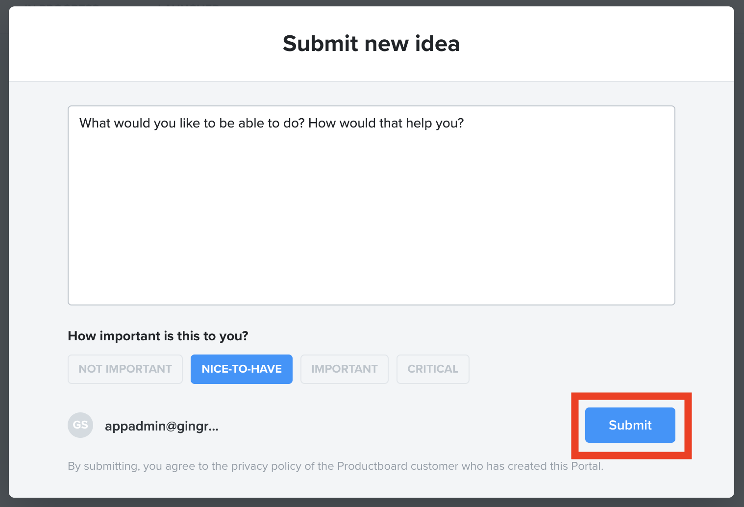 Submit new idea form with submit button.