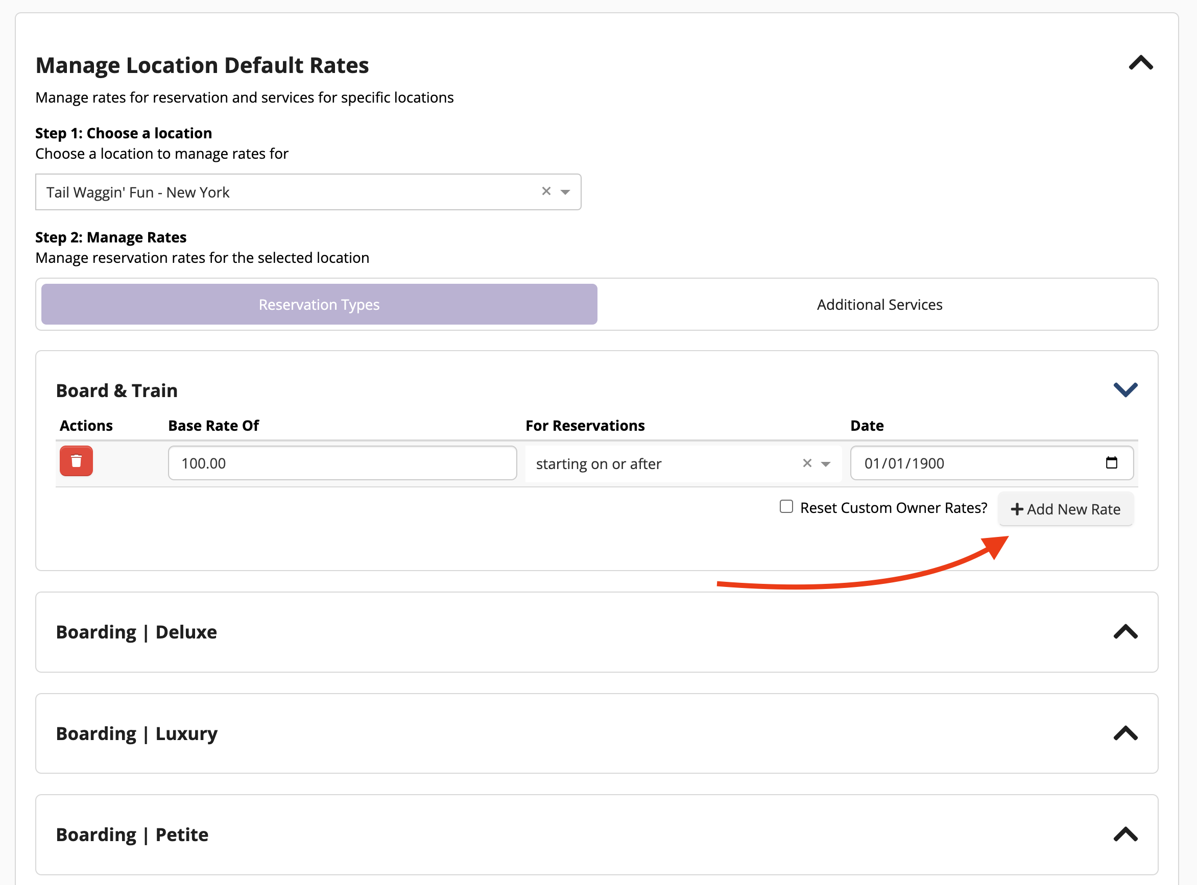 Manage Location Default Rates interface
