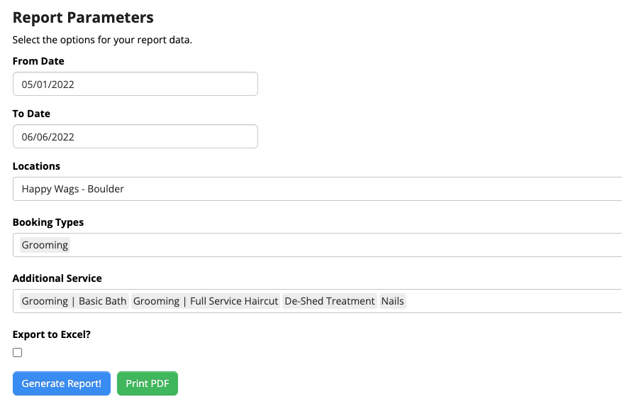 Report parameters form with date and service options.