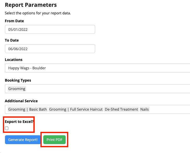 Report parameters with export options.