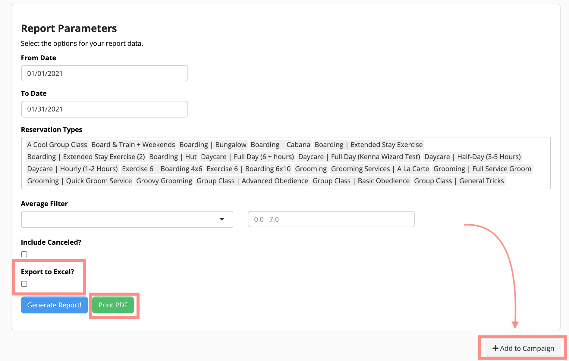 Report parameters selection form.