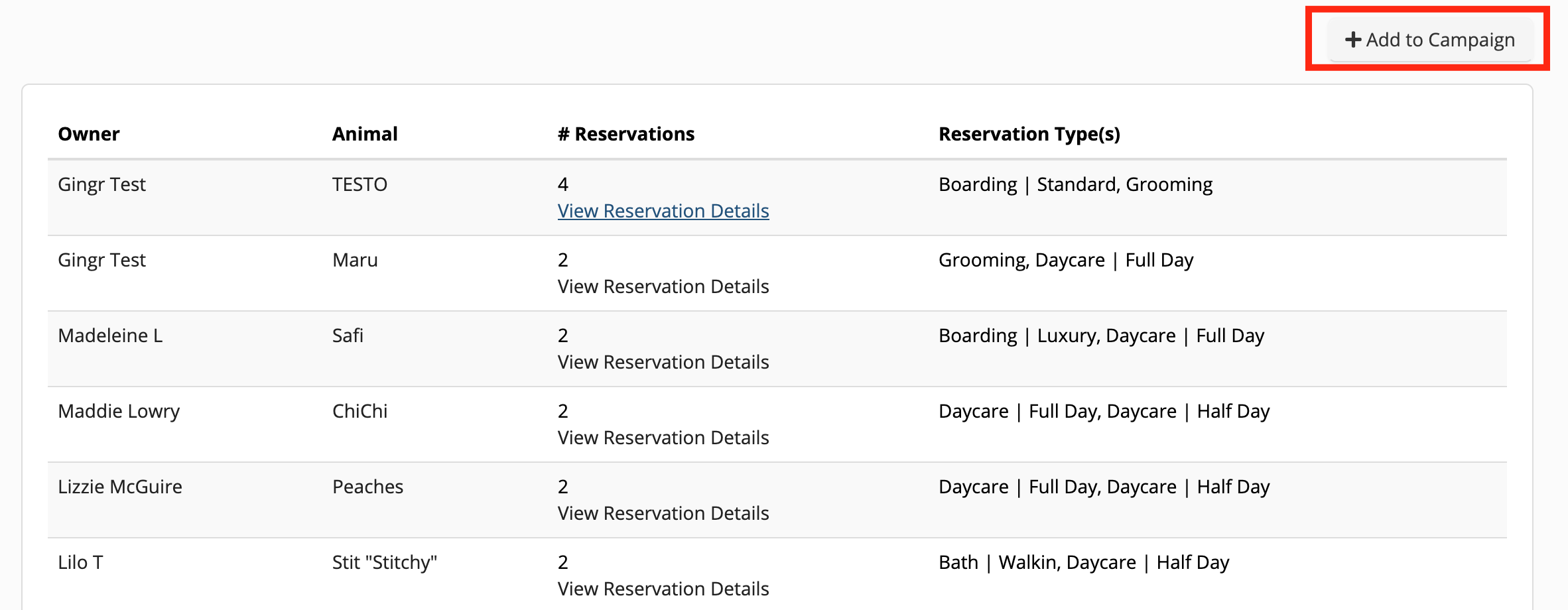 Pet reservation details table with add button.