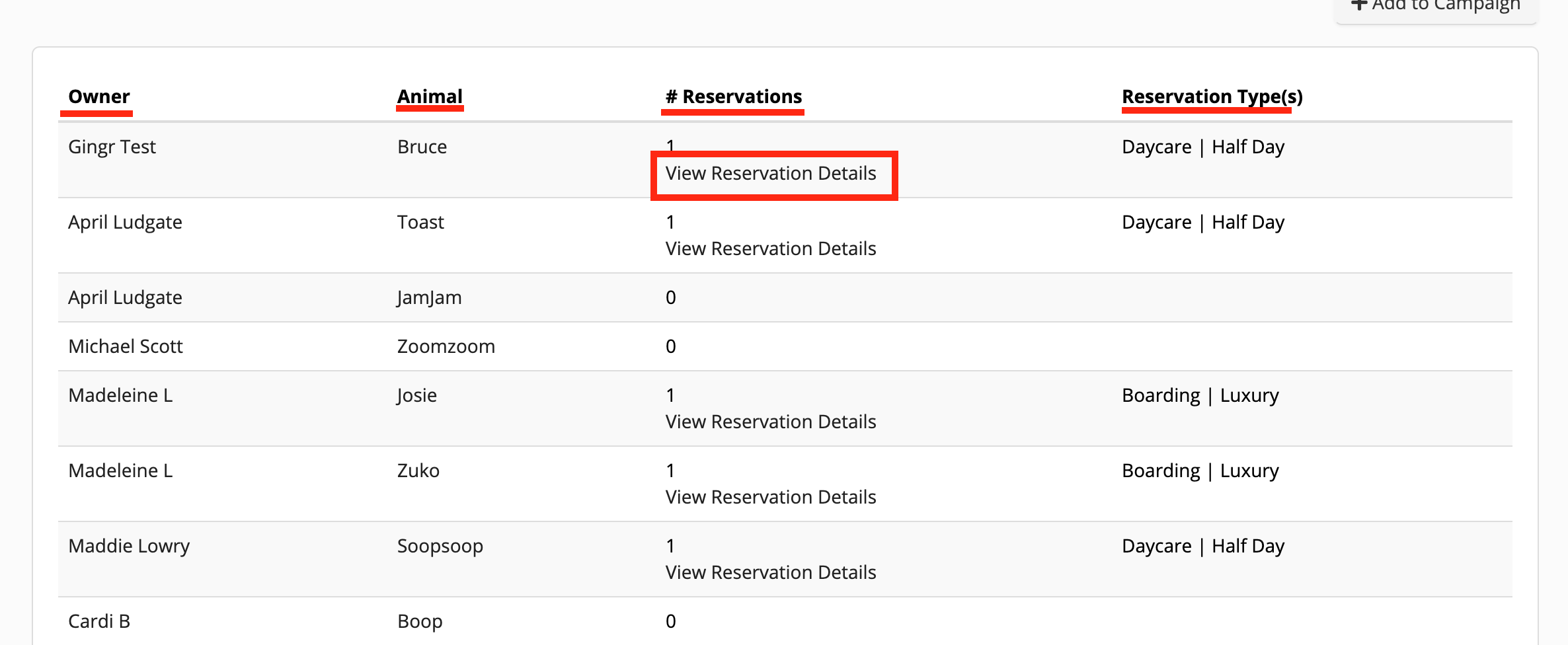 Pet reservation details table.