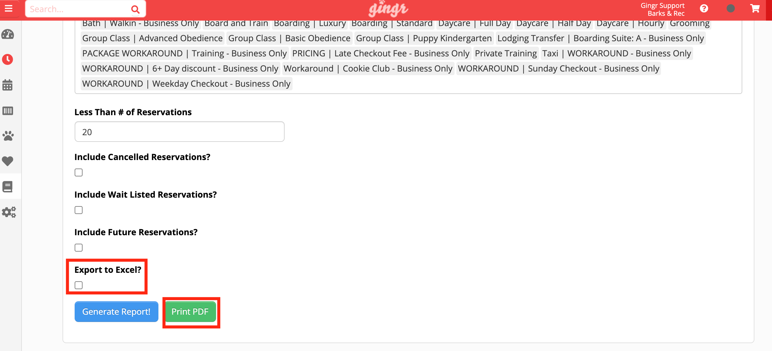 Reservation report options with buttons.