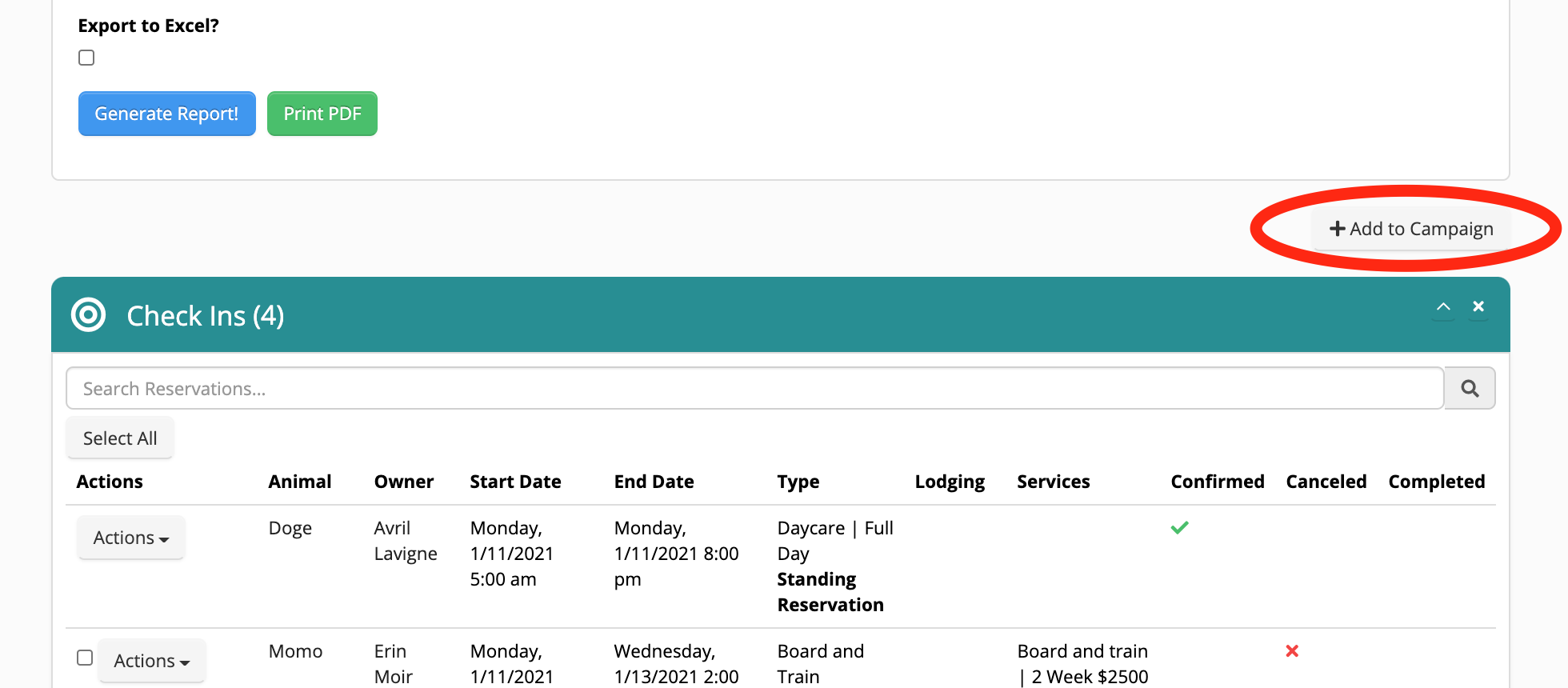 Reservation management interface screenshot.