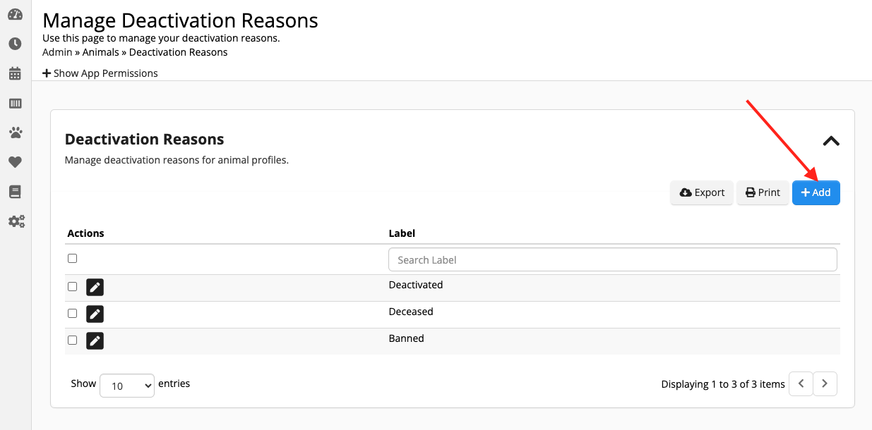 Manage deactivation reasons interface.