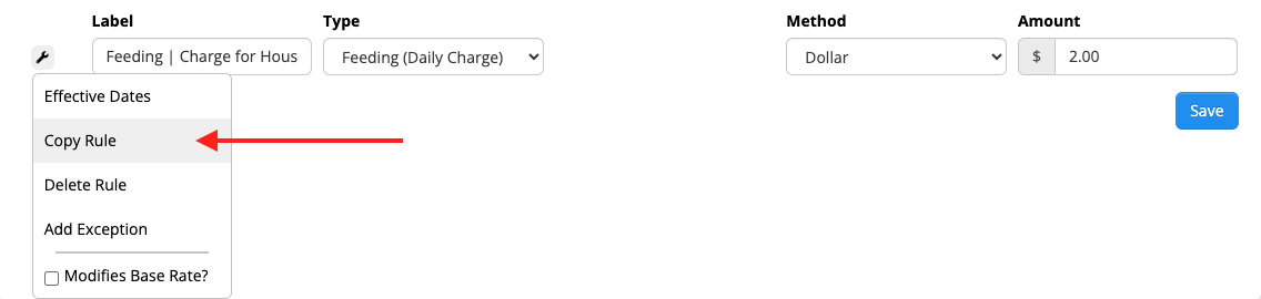 Dropdown menu with copy rule option highlighted.
