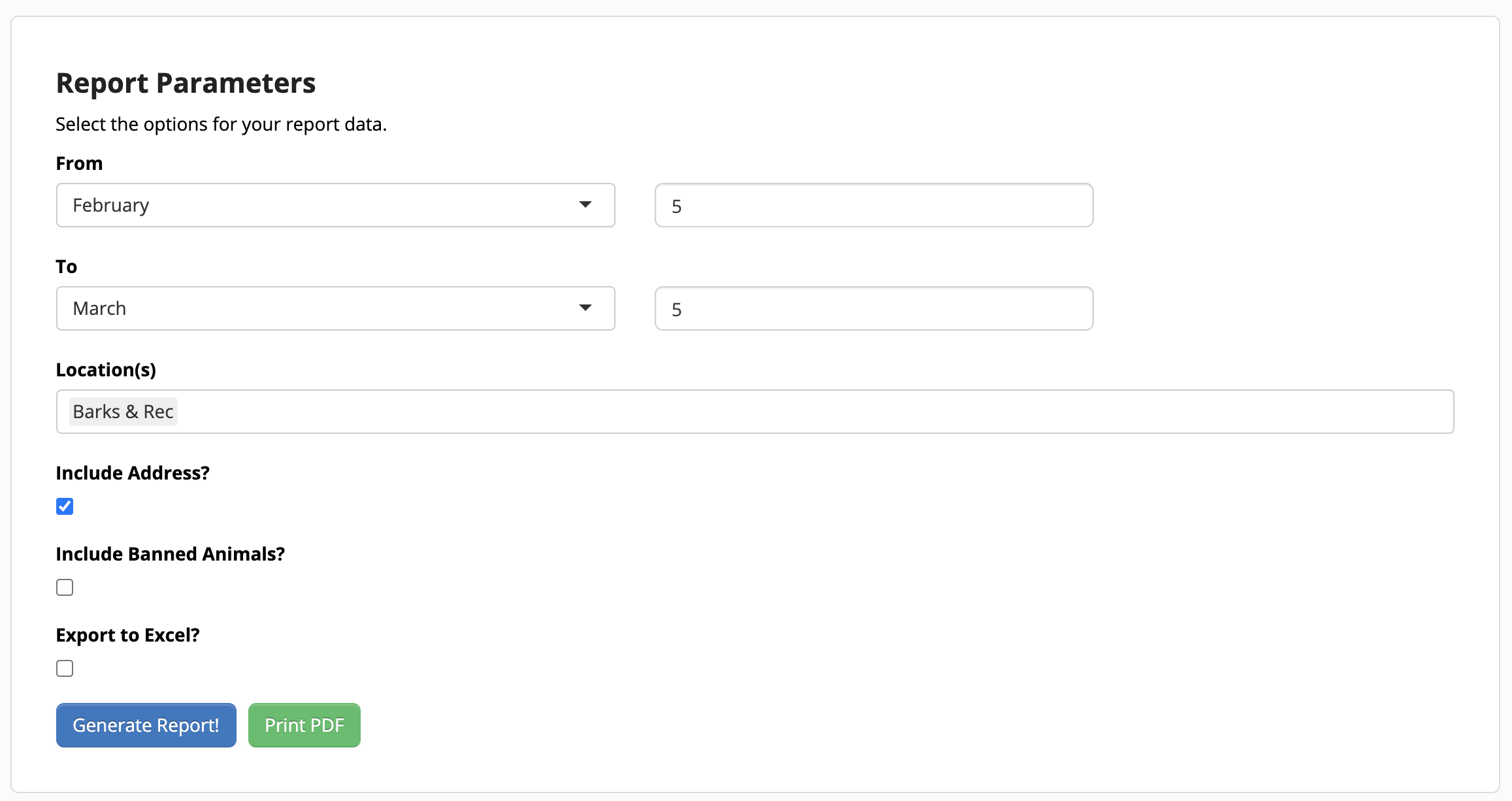 Report parameters selection form